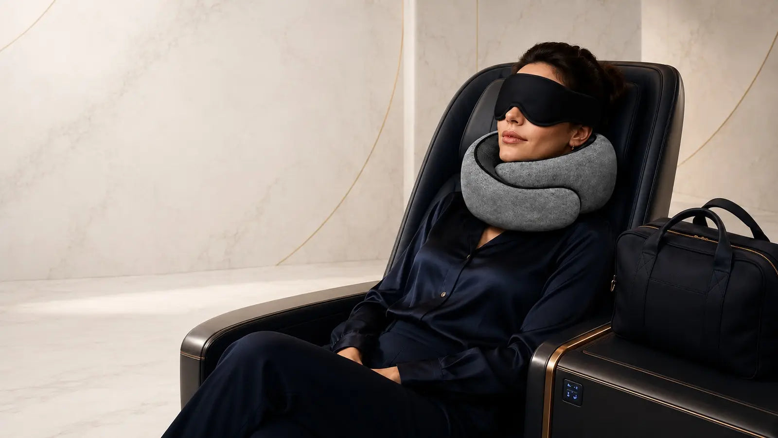 Traveller resting with a G'LORE sleep mask and memory-foam neck pillow