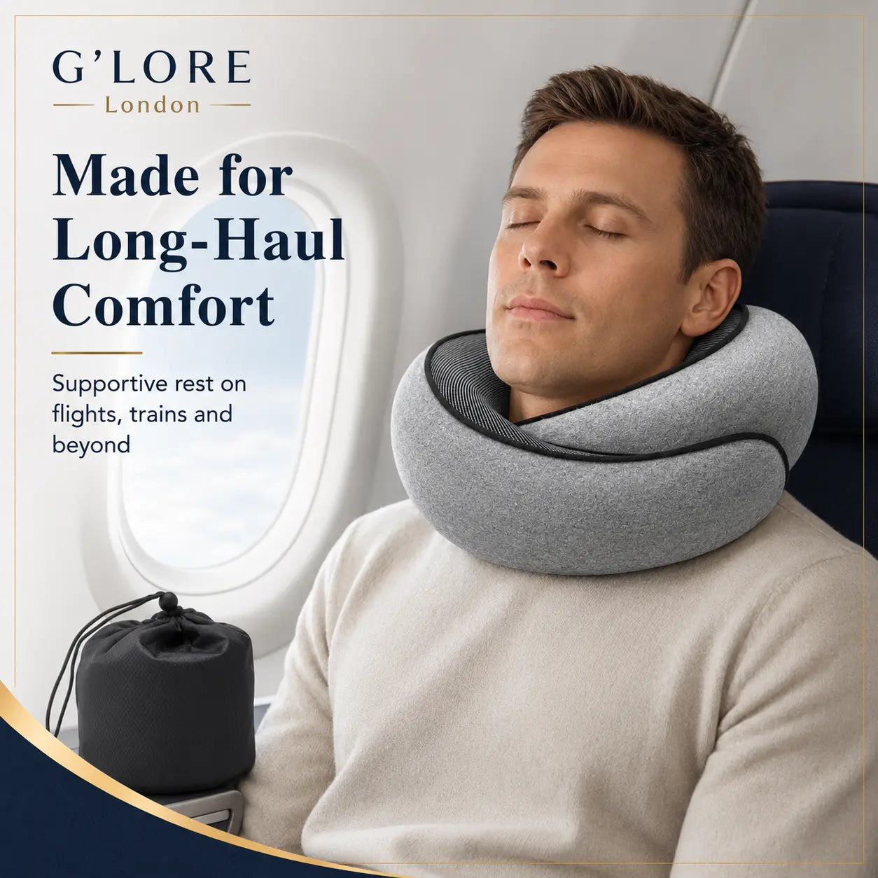 Traveller resting by an aircraft window with the G'LORE memory foam neck pillow