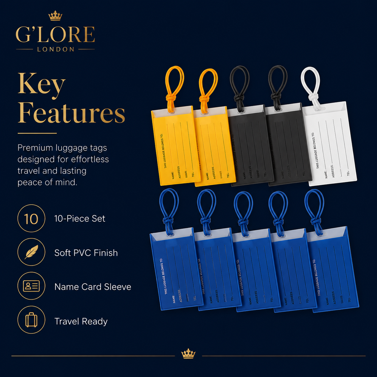 10-Piece Silicone Luggage Tag Set with Name Cards