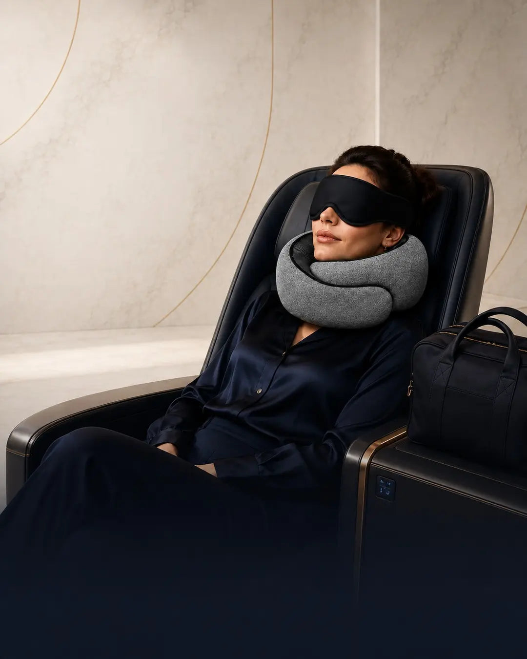 Traveller resting with a G'LORE sleep mask and memory-foam neck pillow